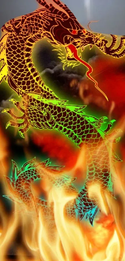 Colorful dragon surrounded by flames and smoke.