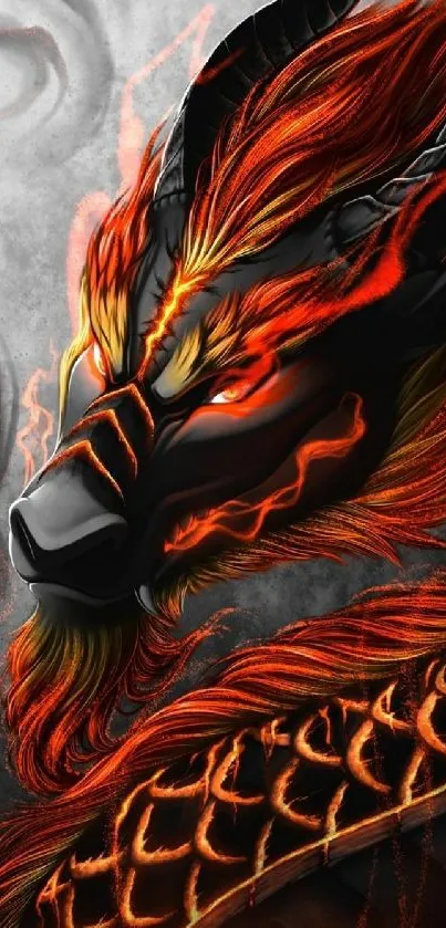 Fiery dragon with vibrant reds and oranges on a grey background.