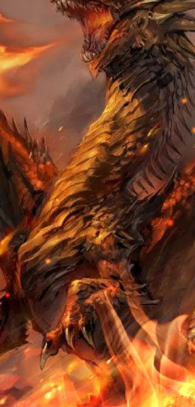 Fiery dragon with flames: dynamic mobile wallpaper
