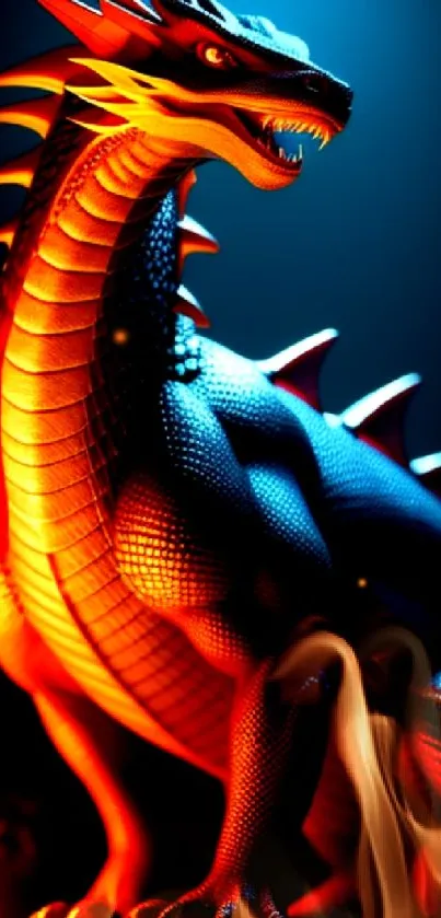 A powerful fiery dragon in vibrant hues on a dark blue background.