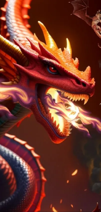 Fiery red dragon breathing flames in fantasy art wallpaper.