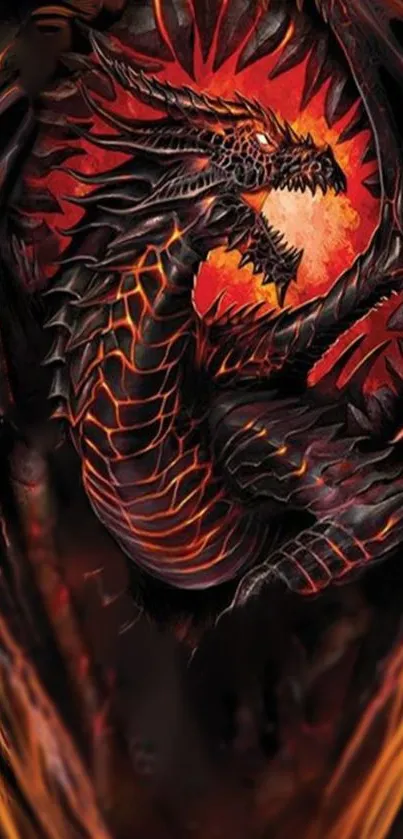 Fiery dragon artwork on a fantasy-themed mobile wallpaper.