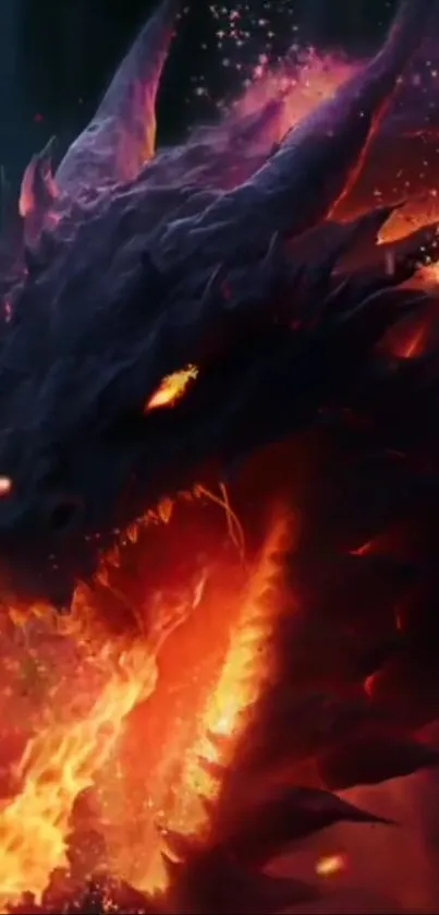 Fiery dragon with glowing eyes and flames in the dark.