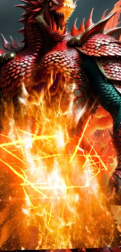 Fiery dragon with vibrant flames creating an artistic phone wallpaper.