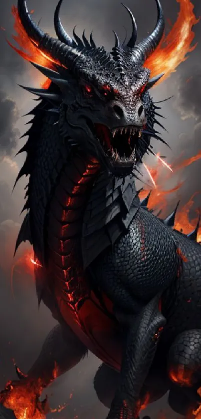 A fierce black dragon with fiery flames for a mobile wallpaper.
