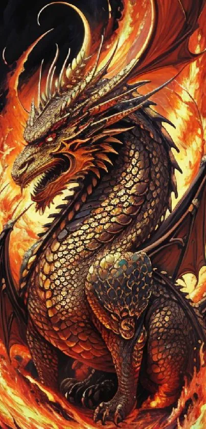 Fiery dragon surrounded by flames, detailed and captivating.