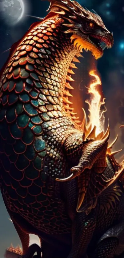 Fiery dragon with glowing scales in mystical night scene.