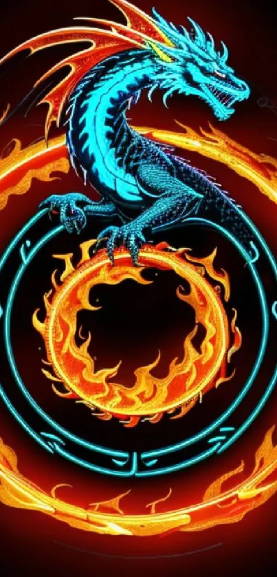 Vibrant fiery dragon with blazing flames on a mobile wallpaper.