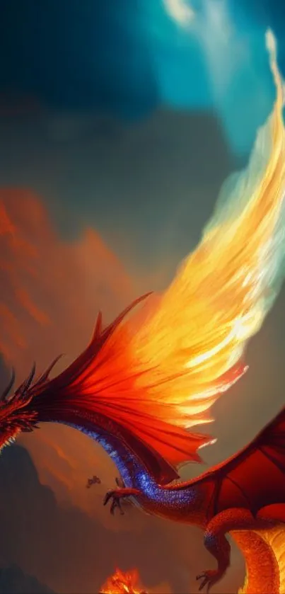 Blazing dragon in vibrant fantasy scene with fiery wings on a mobile wallpaper.