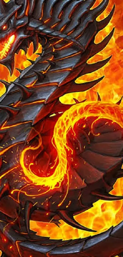 Fiery dragon surrounded by vivid orange flames.