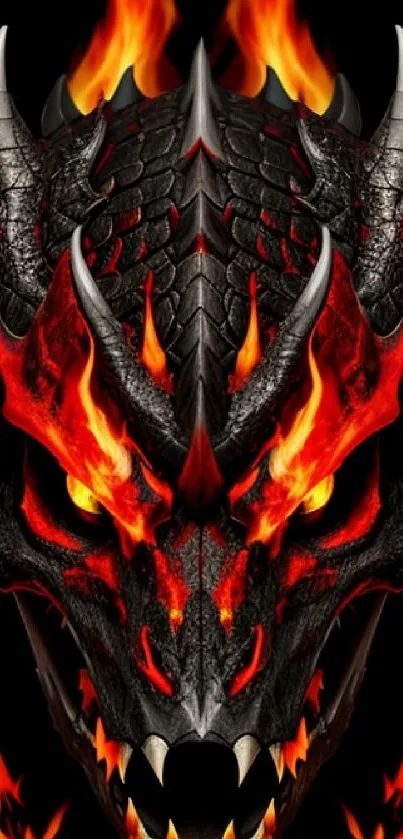 Fierce dragon with fiery flames engulfing its black scales.