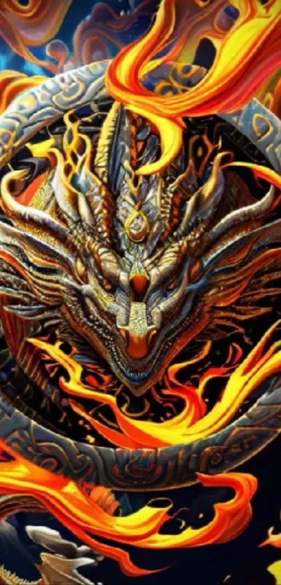 Fiery dragon with intricate design and burning flames on mobile wallpaper.