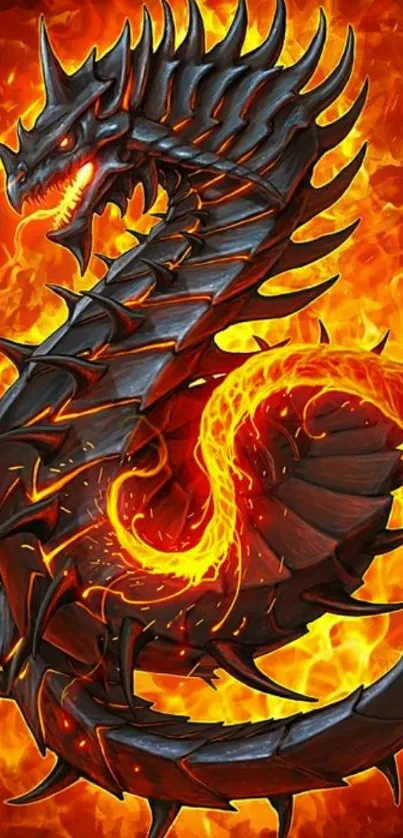 Fiery dragon amidst blazing flames wallpaper.