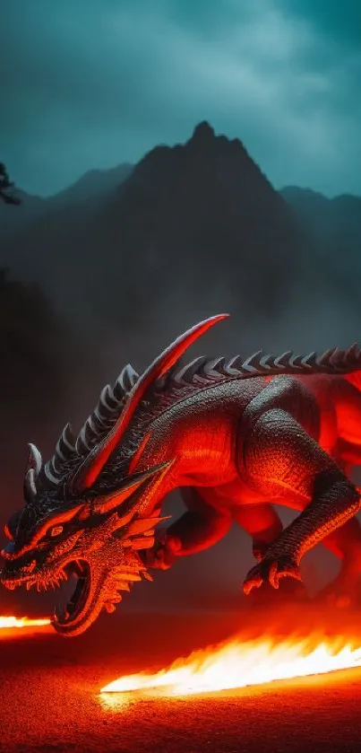 Fiery dragon on a mountain with glowing fire trails.