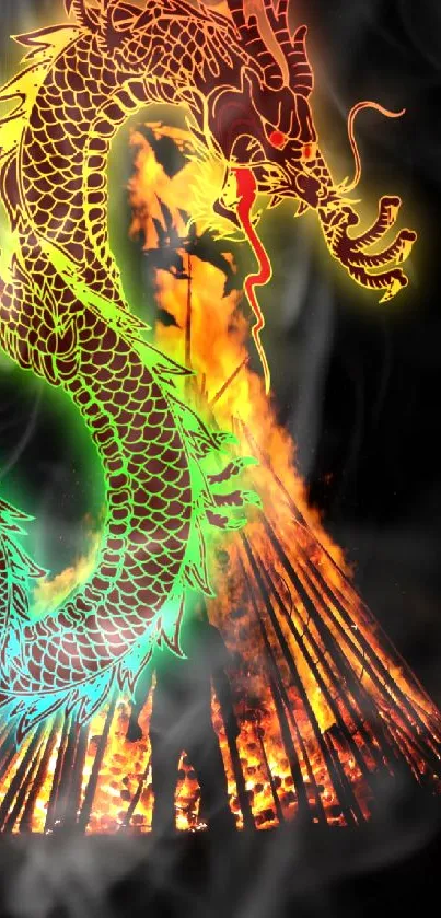 Vibrant dragon enveloped in fiery flames at night.