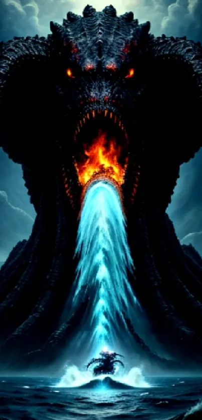 Dragon breathing fire and water in dark ocean sky scene.