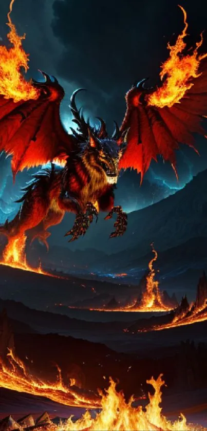 Fiery dragon soaring over volcanic peaks and landscapes.