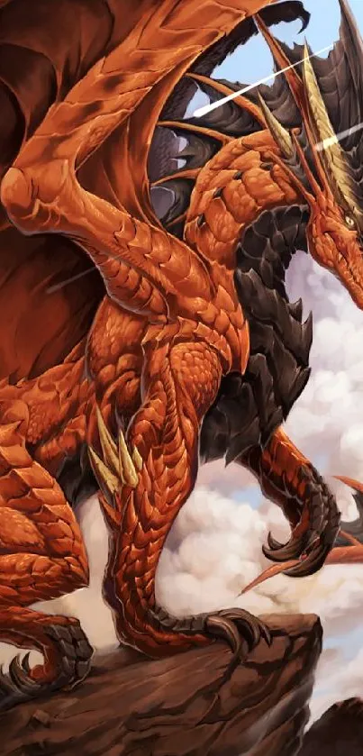 Fiery orange dragon perched on a rocky cliff, ready to soar.