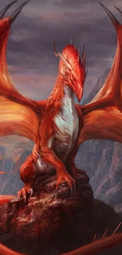 Fiery dragon perched on rocky peak in a stunning fantasy landscape.