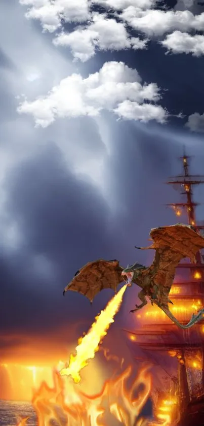 Dragon flying over a burning ship with fiery clouds.