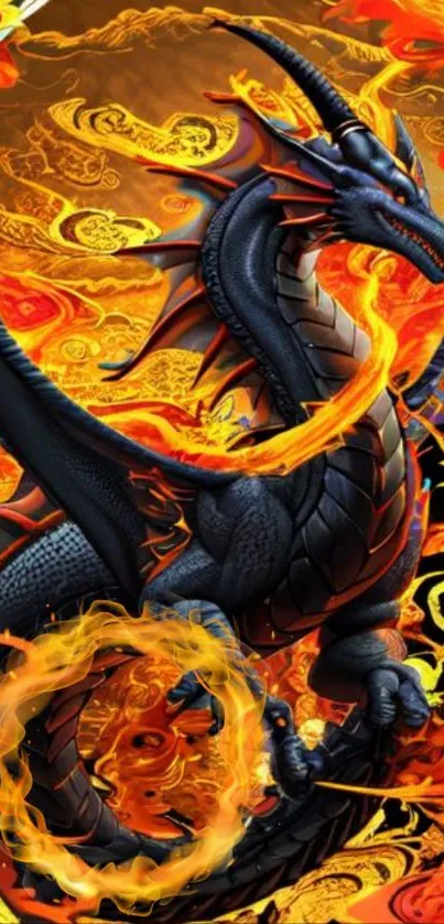 Fiery black dragon surrounded by vibrant orange flames.