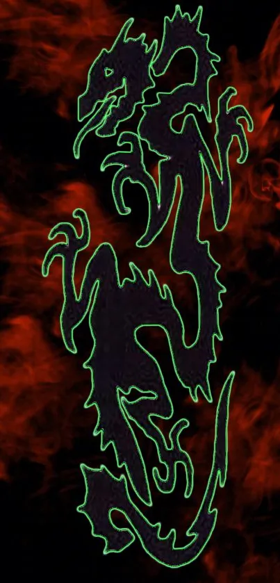 Fiery red dragon wallpaper with neon outline.