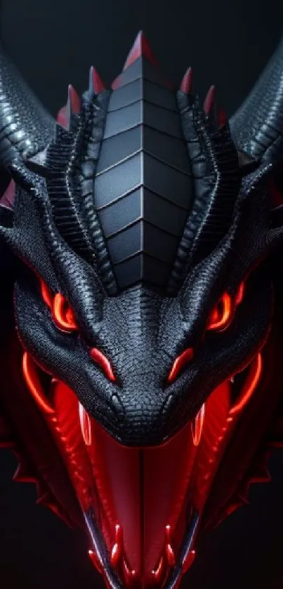 Fierce dragon with glowing red eyes on a dark background.