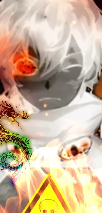 Animated fiery dragon and flames on phone wallpaper.