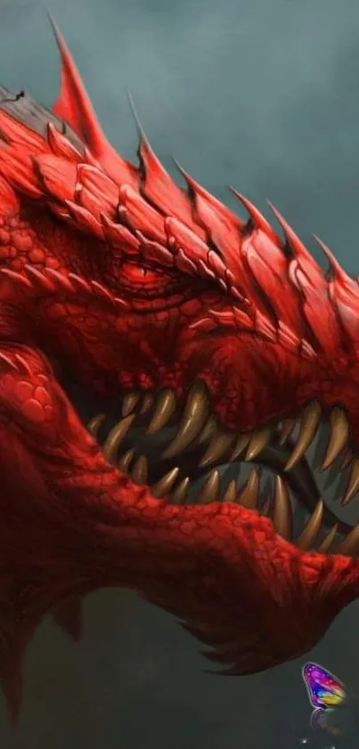Vibrant red dragon with fierce look and black horns on a dark background.