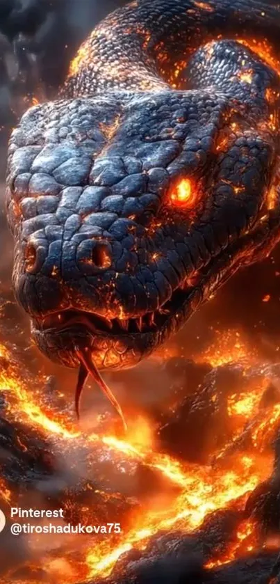 Fiery dragon serpent amidst lava and smoke.