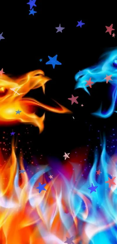 Two dragons in fiery orange and blue battle on a black background.