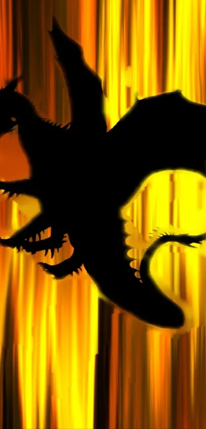 Fiery dragon silhouette against vibrant orange flames background.