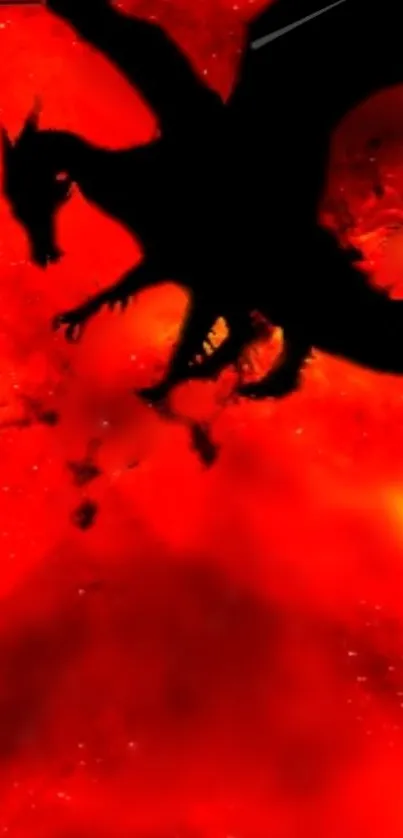 Silhouette of a dragon on a fiery red background, perfect for fantasy fans.