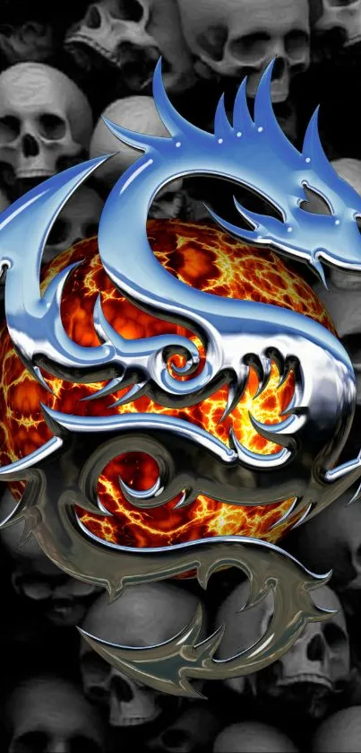 Fiery dragon with metal and skulls wallpaper.