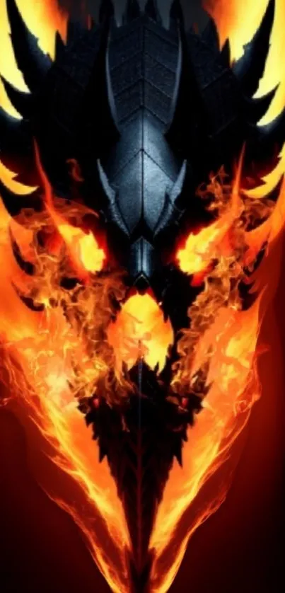 Fiery dragon skull with flames in dark fantasy style.