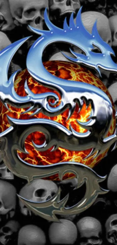 Metallic dragon with fiery orbs on a skull background.