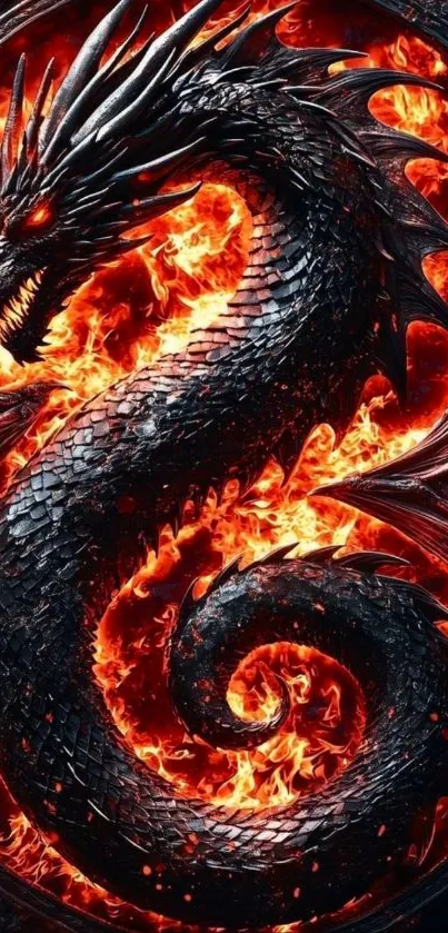 Fiery dragon with flames background mobile wallpaper.