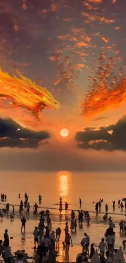 Fiery dragon flying at sunset above a crowded beach.