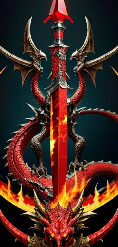 Fiery red dragon coils around a sword with flames.