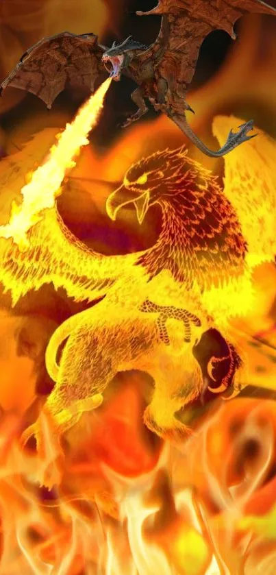 Dragon and griffin clash in fiery wallpaper scene.