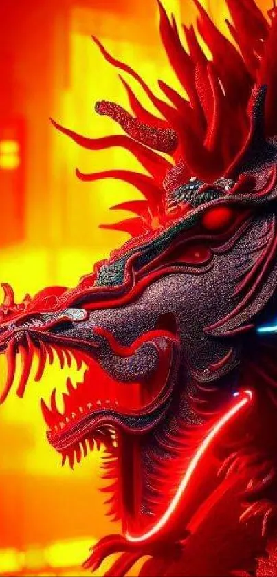 Fiery red dragon with neon glow effect wallpaper.