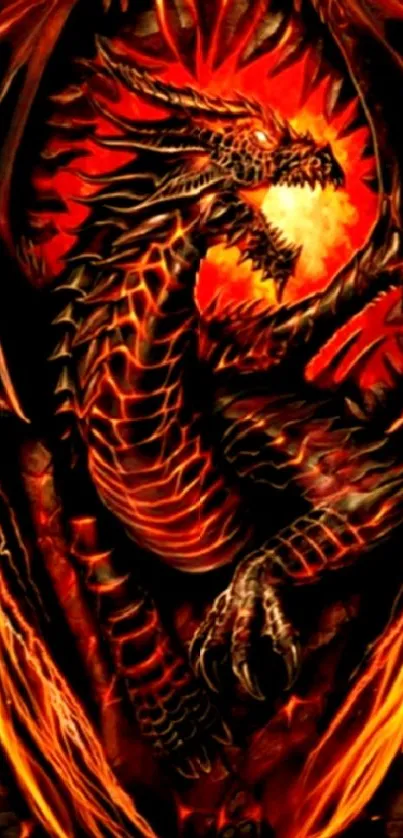 Fiery dragon art wallpaper with flames.