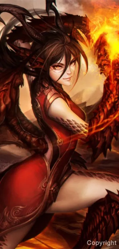 Fiery female dragon warrior with flames and armor in a dynamic pose.