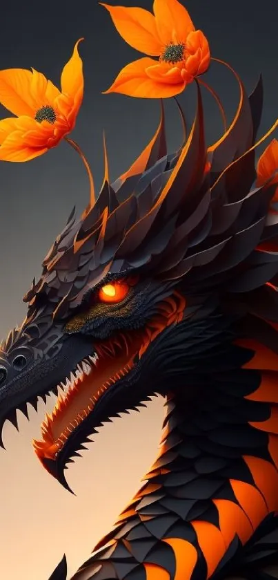 Fiery dragon with orange flowers on head, dramatic wallpaper design.