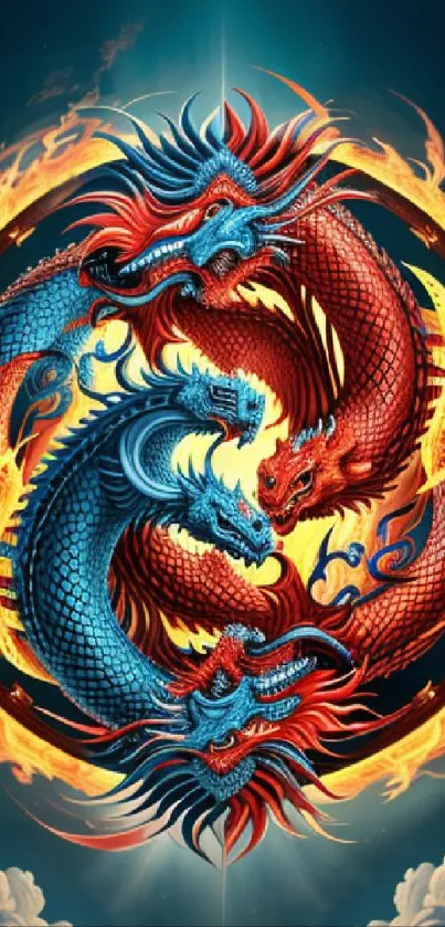 Fiery red and blue dragons forming a yin yang in mystical artwork.