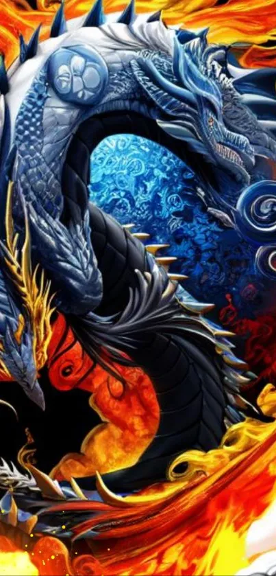 Vibrant dual dragon design with fiery and icy elements.