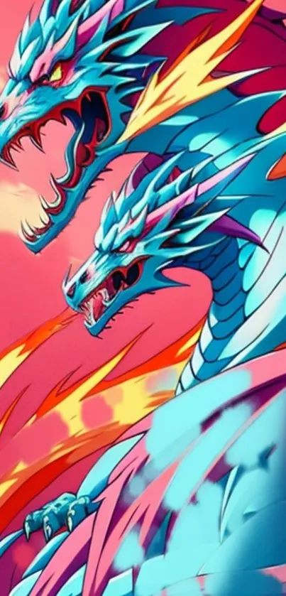 Fantasy art of fiery dual dragons on pink background.