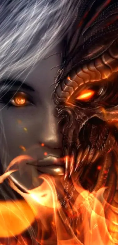 Fantasy wallpaper with fiery dragon and human face merge.