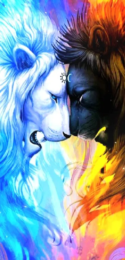 Vibrant fiery lions in blue and orange tones.