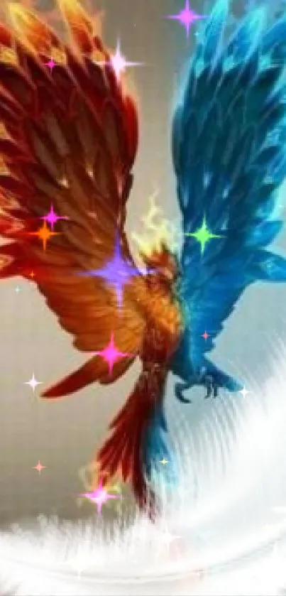 Vibrant phoenix with red and blue wings in a fiery design.